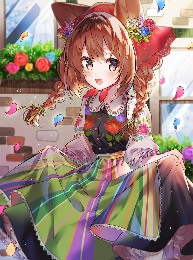 800x1077 Anime girl, braid, dress, moe, flowers, Anime, HD phone wallpaper