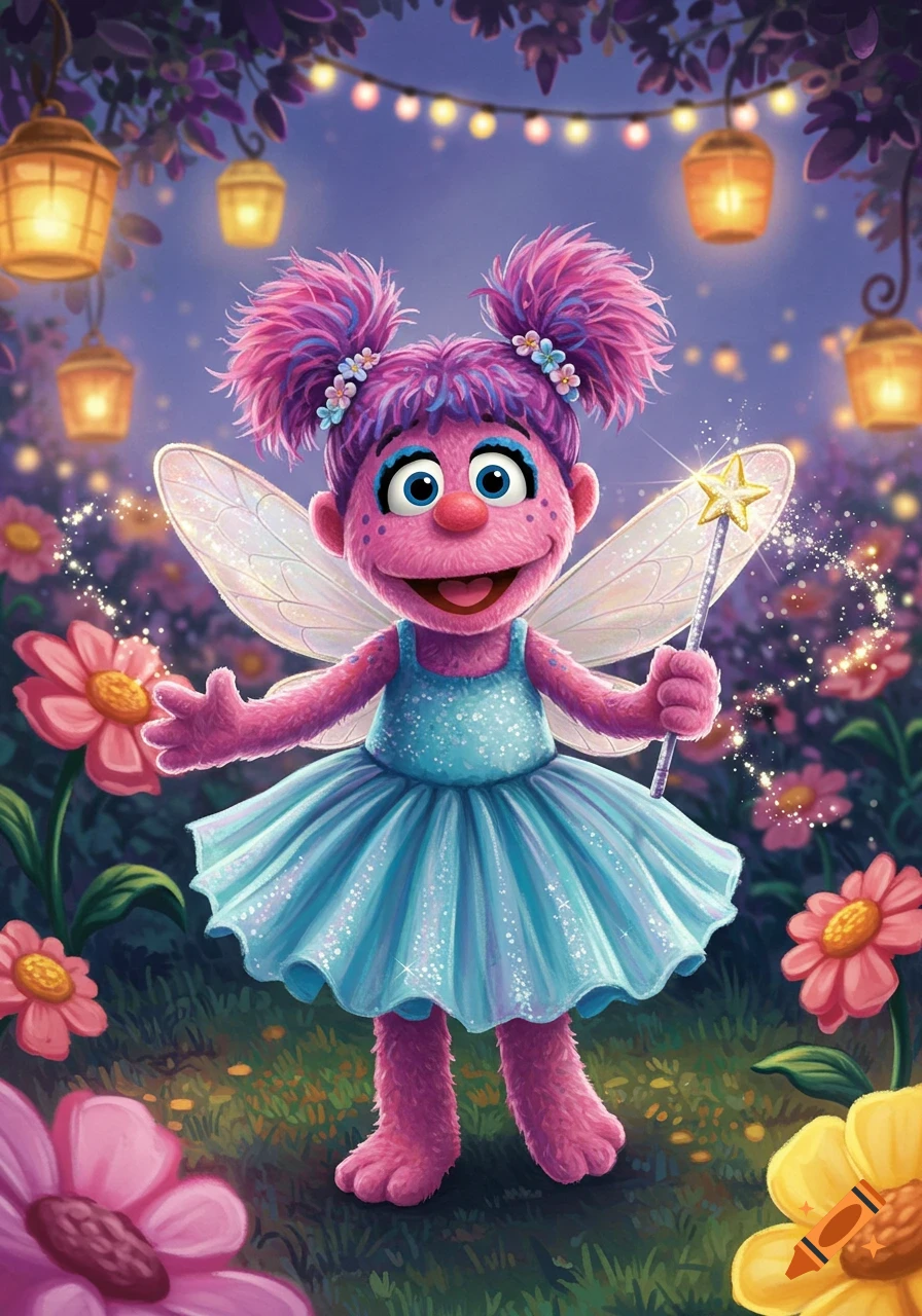896x1280 Abby Cadabby, a pink furry fairy with pigtails, a blue sparkly dress, and wings, holds a magic wand in a glowing garden. on Craiyon