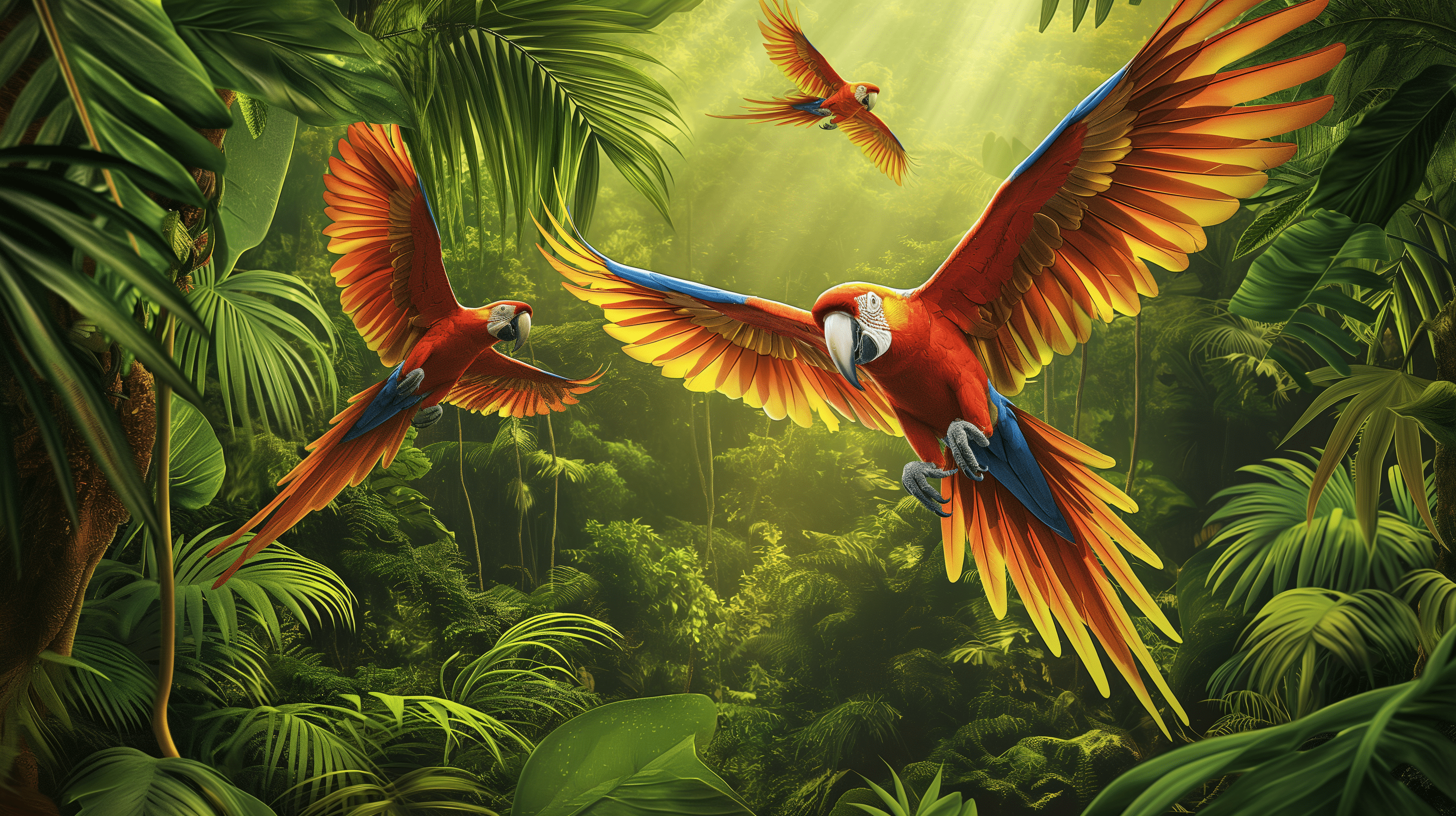 2912x1632 Mural Wallpaper bird. Three parrots in full flight