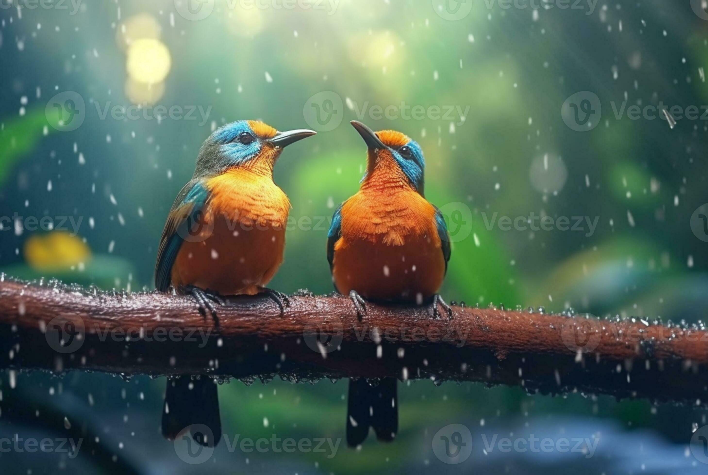2917x1960 a pair of beautiful birds in the forest with raindrops and nature blurred background. generative ai