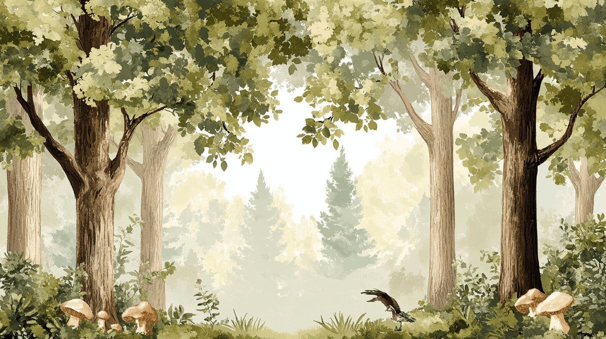 1214x680 Forest Mural Wallpaper. Misty Green Trees with Birds
