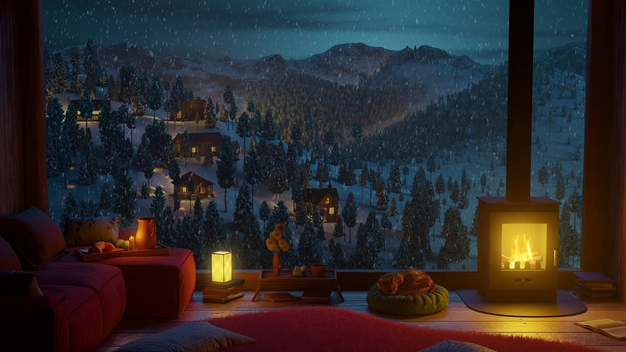 1280x720 Cozy Winter Cabin Ambience with Relaxing Fireplace Sounds and Sleeping Cat