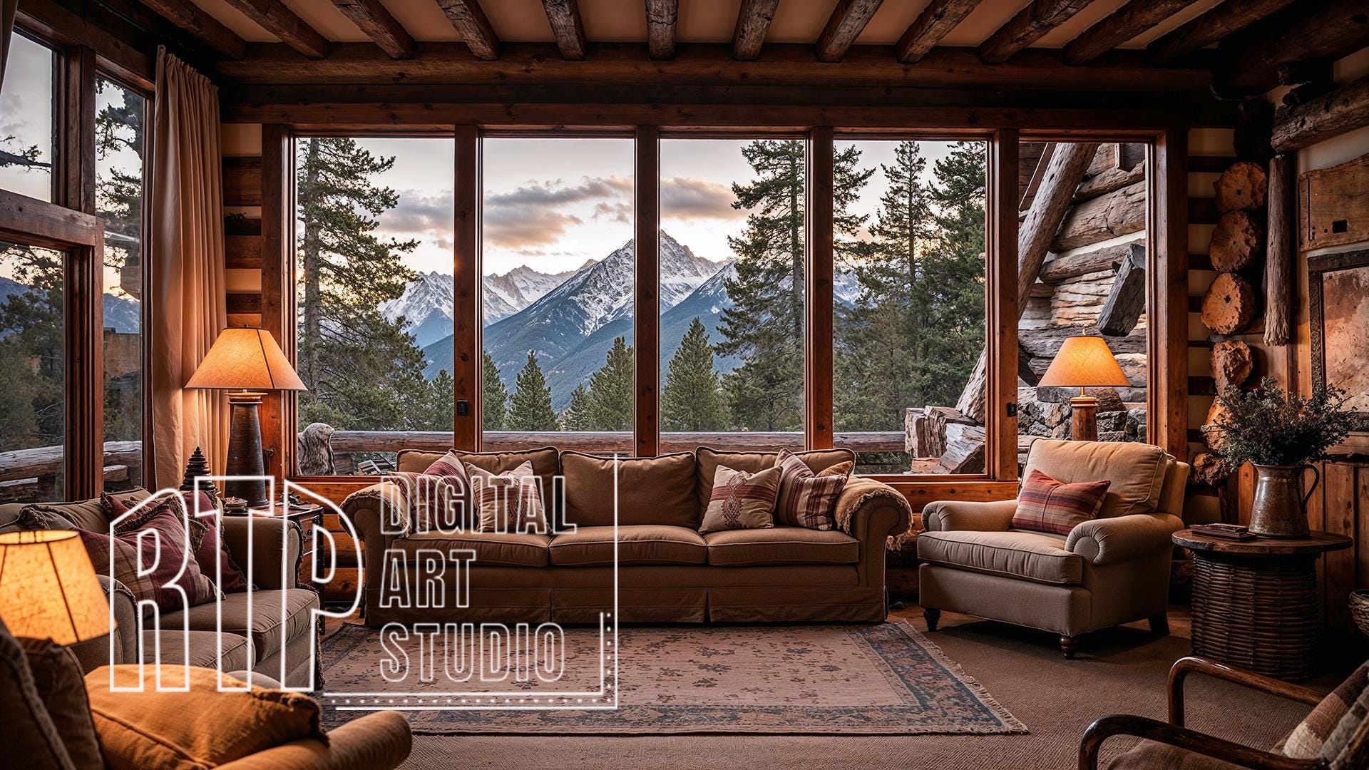 1920x1080 Rustic Mountain Cabin Zoom Background Virtual Office for Online Meetings, Rustic Cozy Cabin Home, Snowy Mountain MS Teams Backdrop