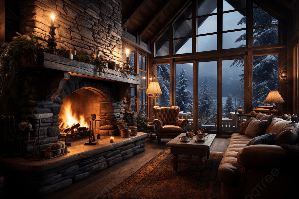 1200x800 Cabin Comfort Fireplace S Warm Glow Amidst Falling Snowflakes In The Background, Winter Background, Cabin, Fireplace Background Image And Wallpaper for Free Download