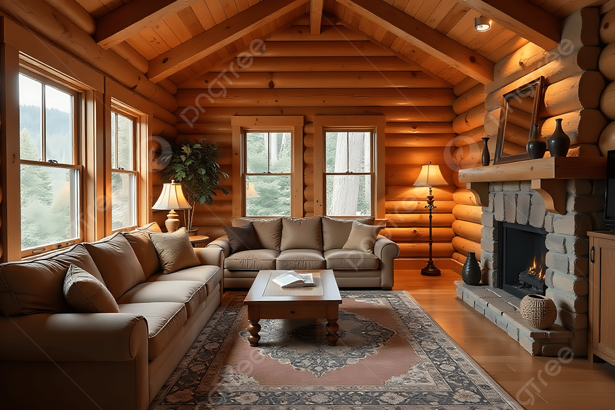1200x800 Cozy Log Cabin Interior With Wooden Walls A Comfortable Sofa Coffee Table Lamp And Stone Fireplace Surrounded By Large Windows, Cozy Cabin, Log Cabin Interior, Wooden Walls Background Image And Wallpaper for