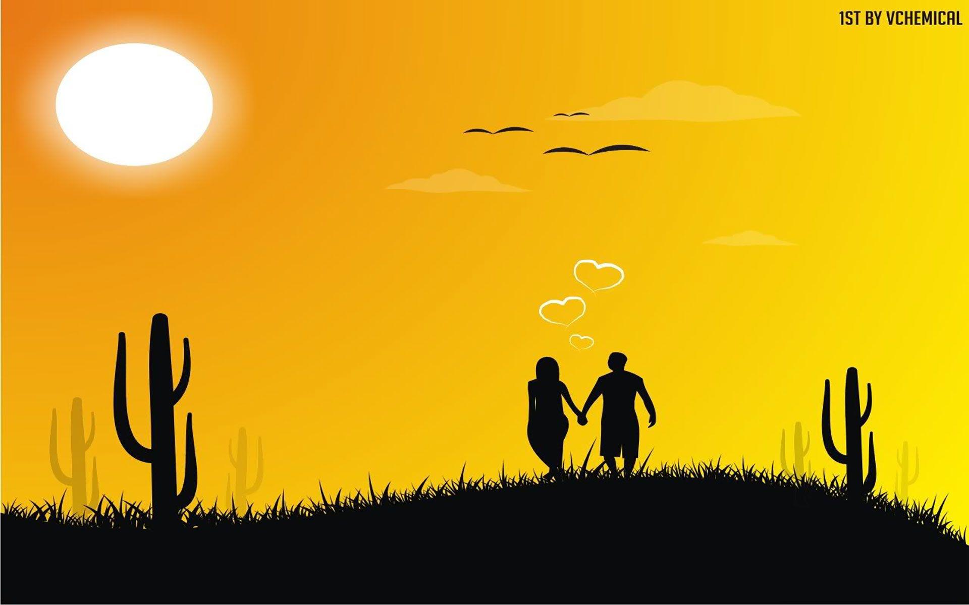 1920x1200 Together In Love Yellow Silhouette Vector Background. Romantic