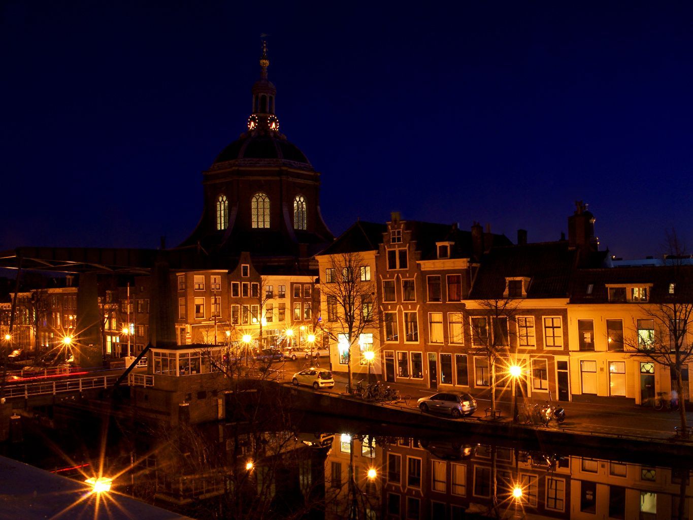 1365x1024 Image Netherlands Leiden bridge Night Street lights Houses Cities