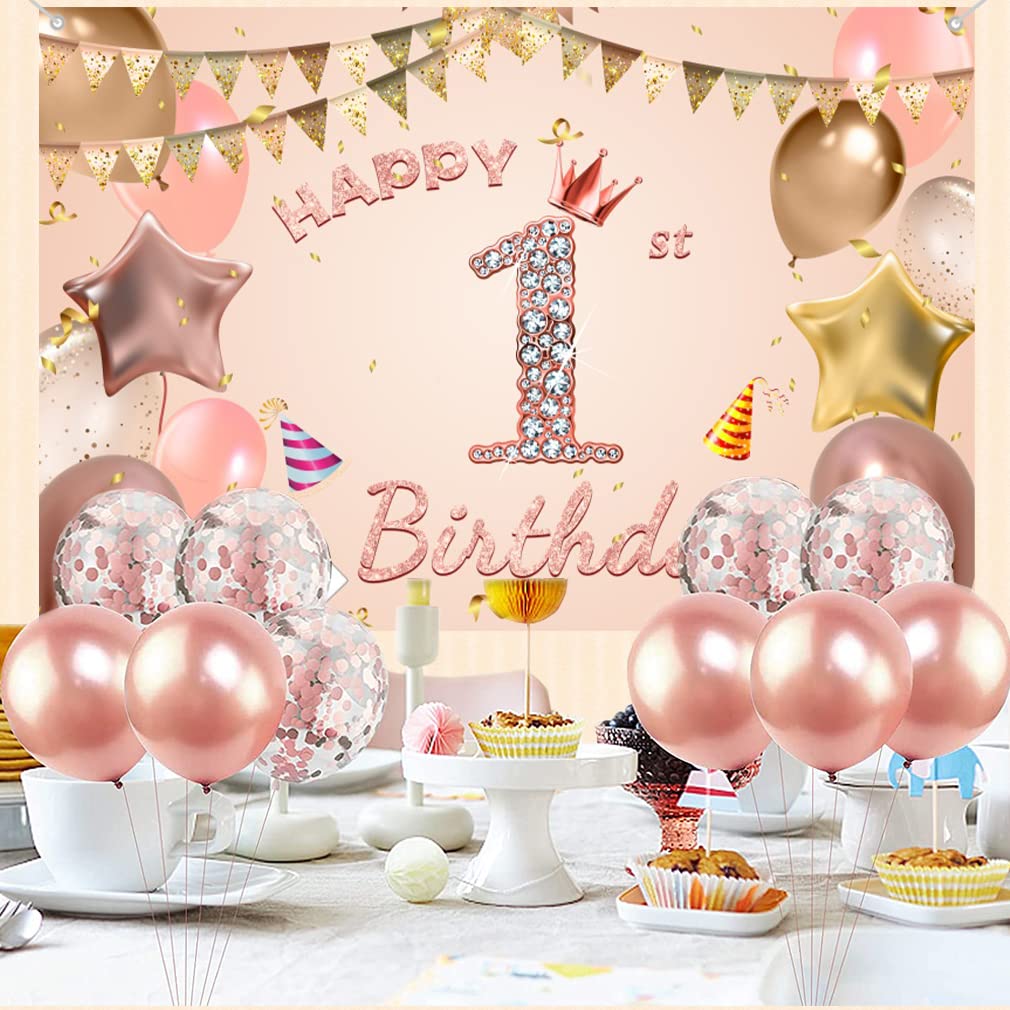 1010x1010 Happy 1st Birthday Backdrop Banner Party Decoration for Girls Happy 1 Year Old Fabric Sign Poster, Rose Pink Photo Background First Birthday Decorations Party Supplies, 59x35.4 : Toys & Games