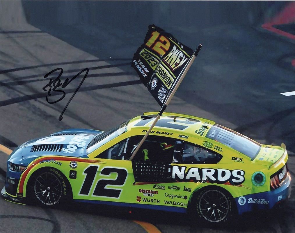 1014x803 AUTOGRAPHED 2023 Ryan Blaney Menards NASCAR CHAMPION (Championship Flag) Signed 8x10 Inch NASCAR Photo with COA