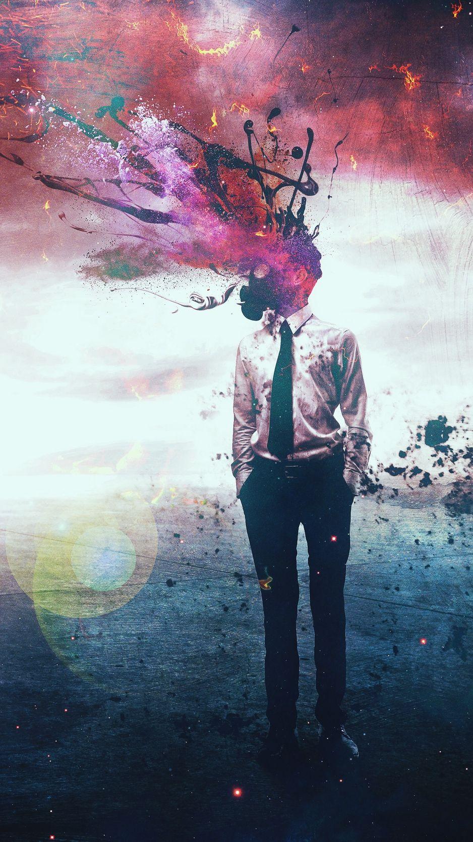 938x1668 Download wallpaper 938x1668 man, gas mask, surrealism, digital art