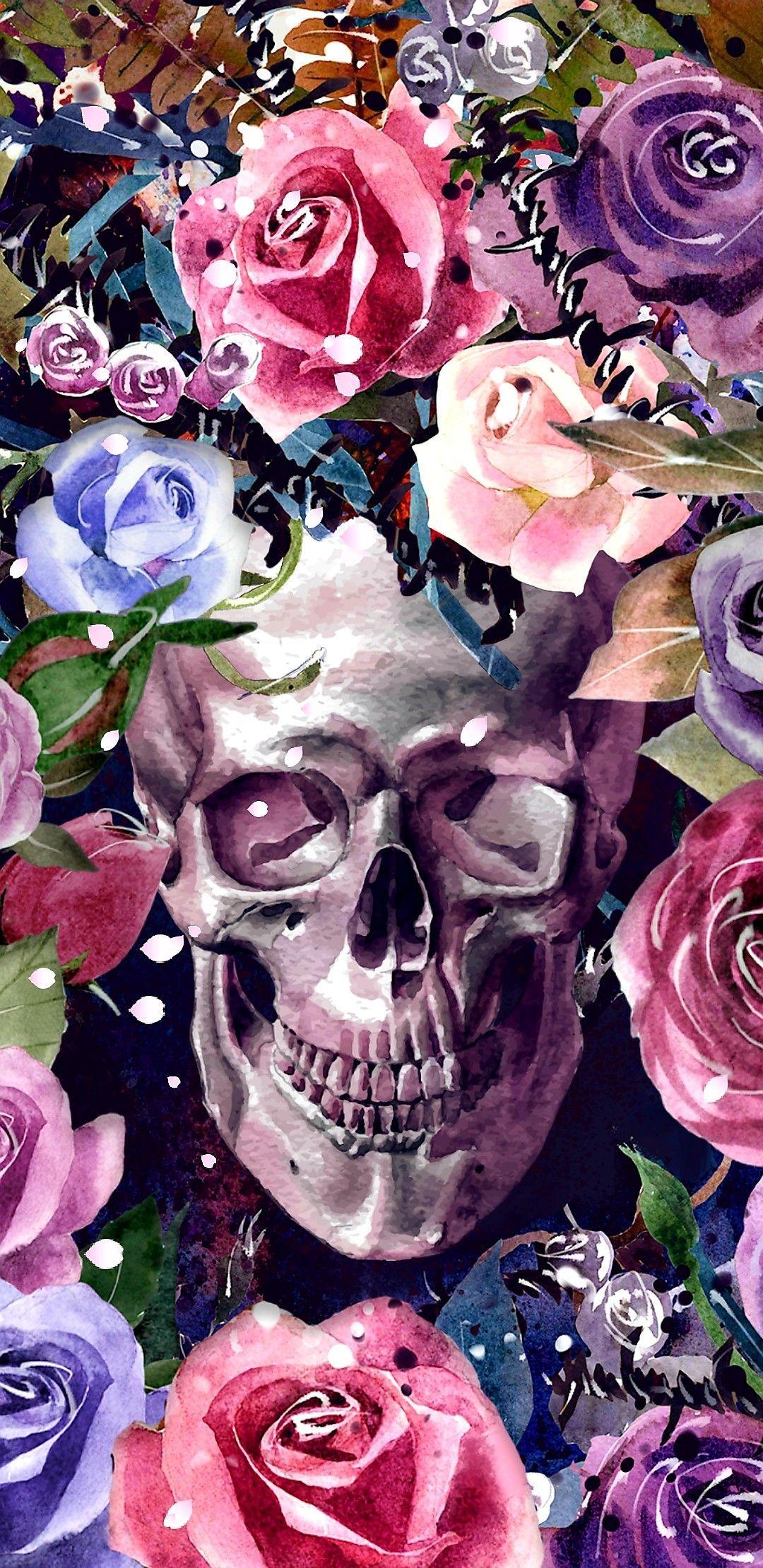 Download wallpaper 1125x2436 skull and roses artwork iphone x 1125x2436  hd background 24197