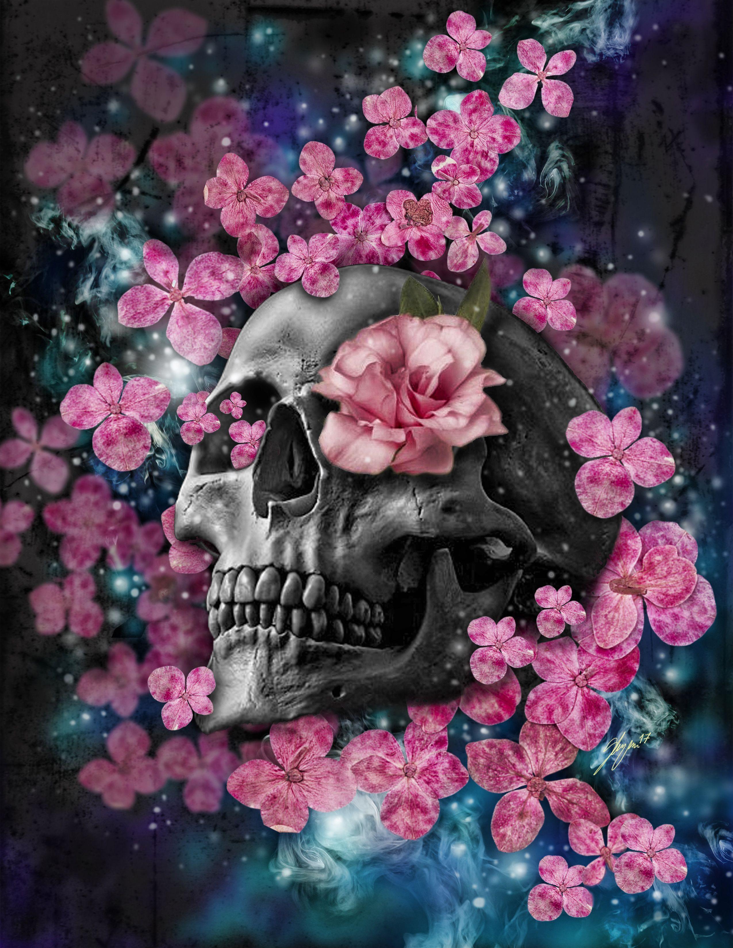 Flower Skull Floral Wallpaper Butterflies Art Hearts Roses Funky Rasch