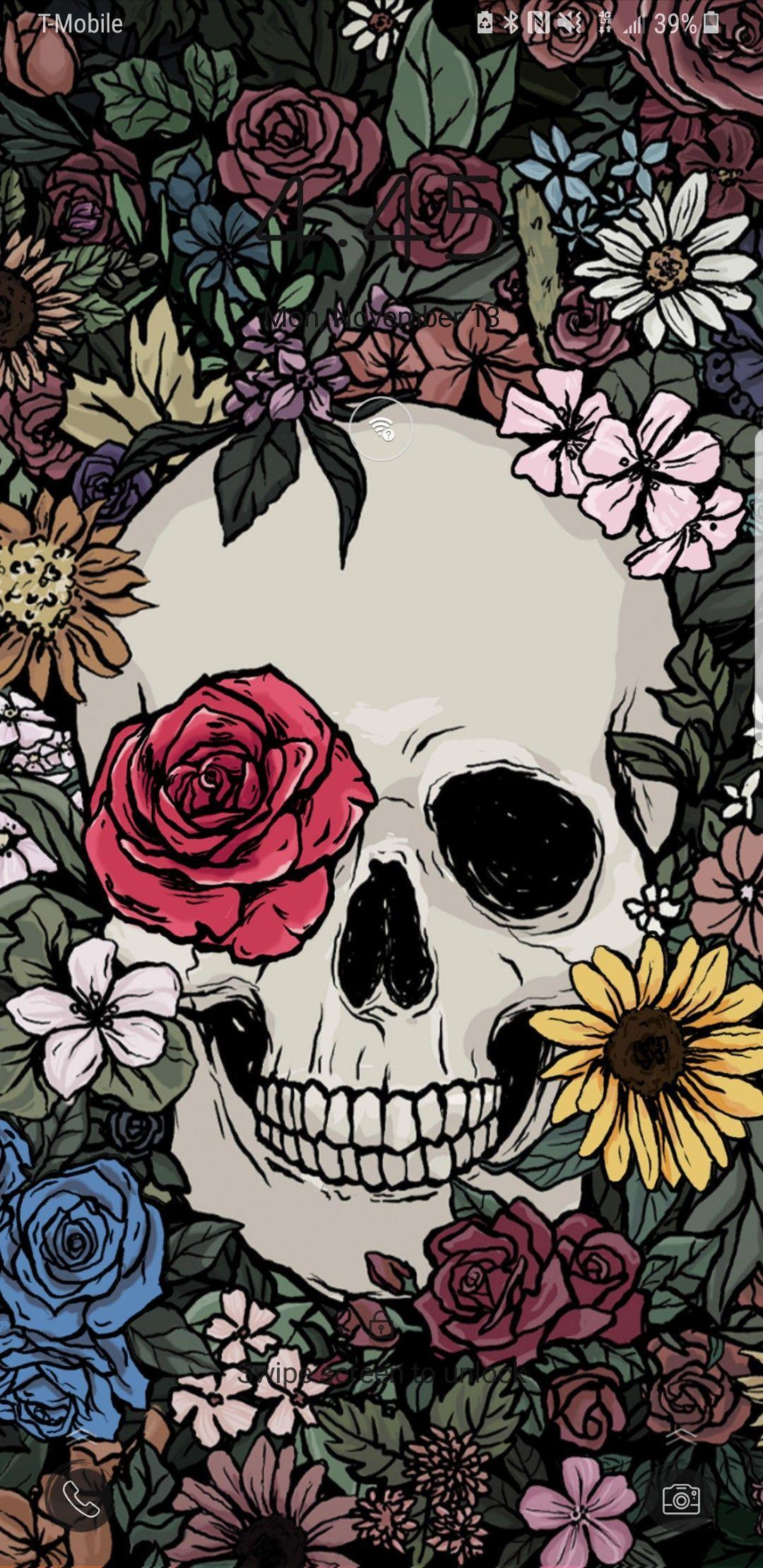 1080x2220 Skull And Flowers Phone Background, HD Wallpaper & background