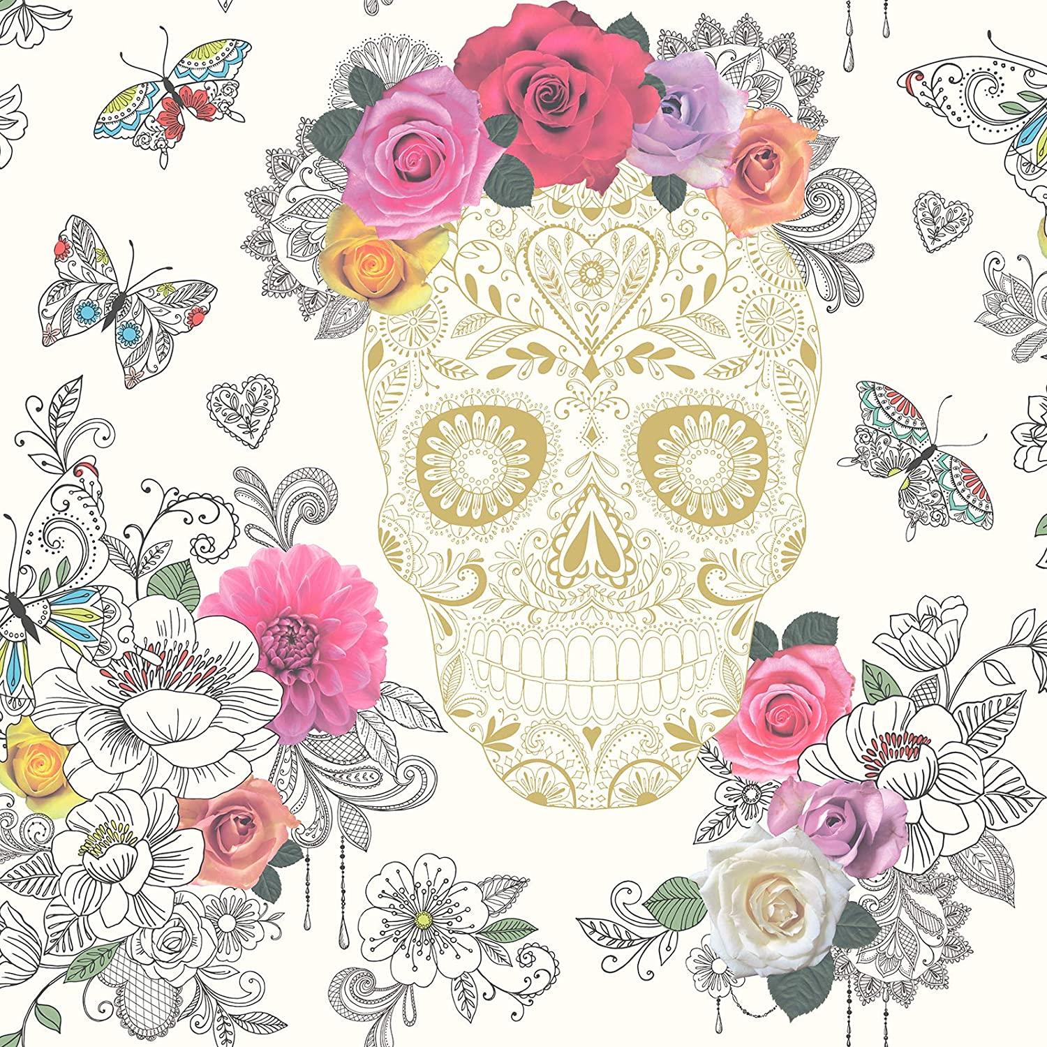 1500x1500 Rasch Portfolio Sugar Skulls Wallpaper Cream Gold 278026 BUR