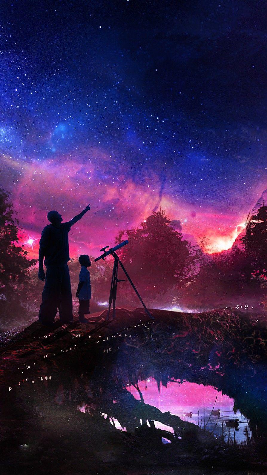 894x1592 Watching Space Shooting Star From Telescope IPhone Wallpaper