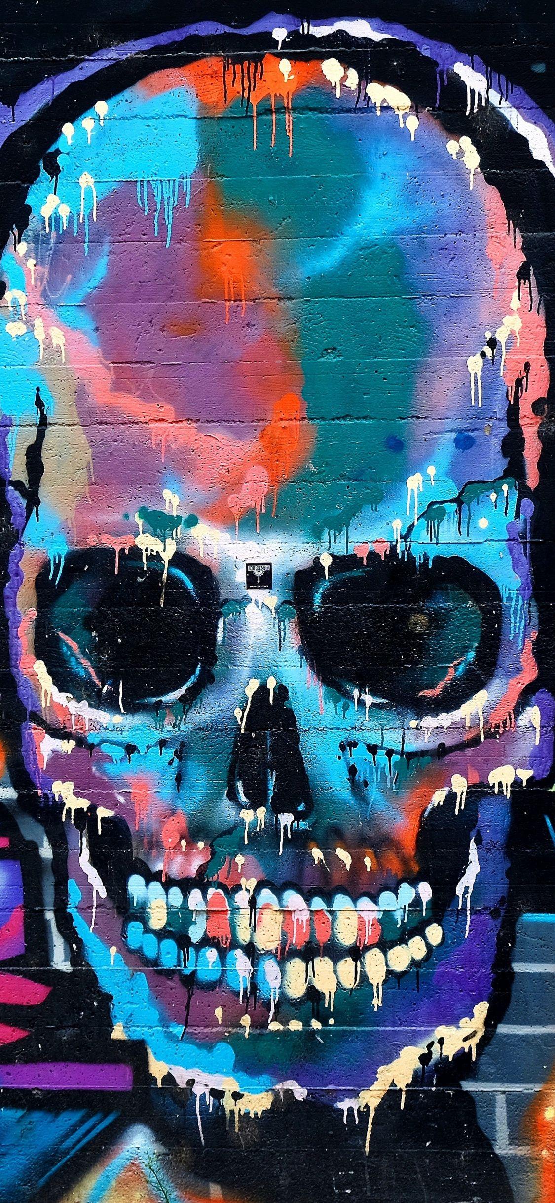 1125x2436 Download 1125x2436 wallpaper graffiti, skull, colorful, street art