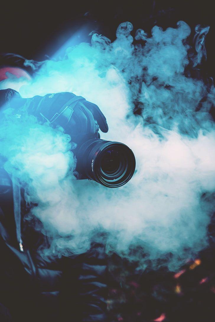 728x1091 HD wallpaper: black DSLR camera, photographer, smoke, color smoke