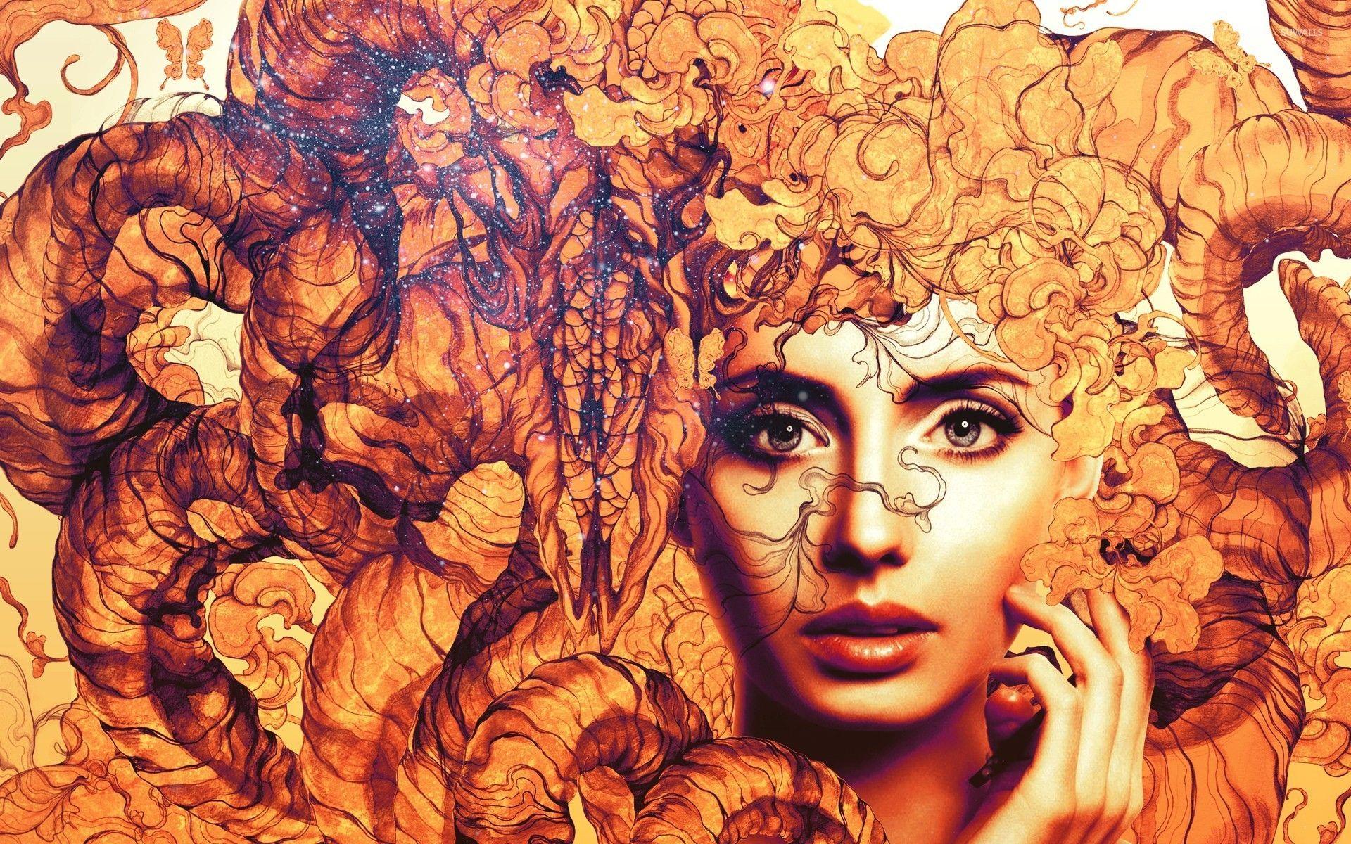 1920x1200 Woman surrounded by orange smoke wallpaper Art