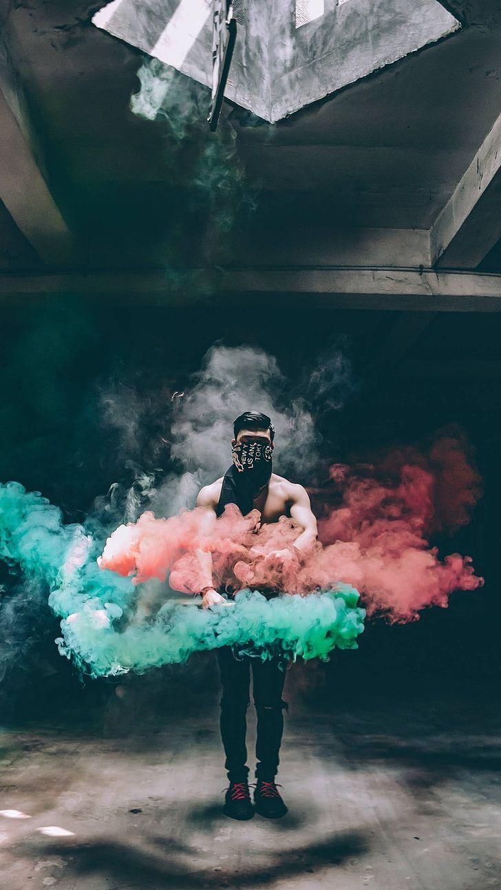 728x1294 HD wallpaper: smoke, people, colorful, smoke structure, one person