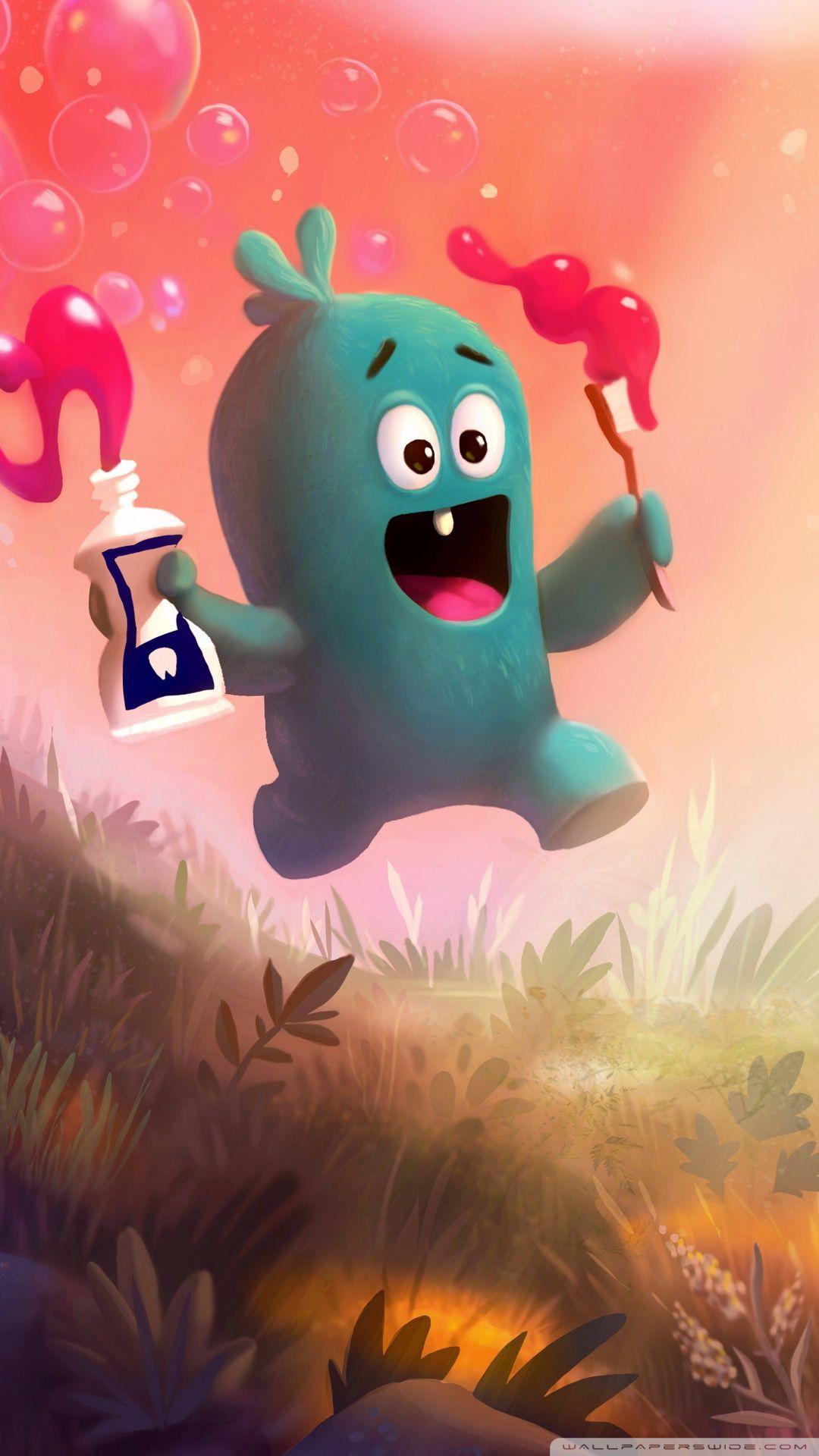 1080x1920 Cute Baby Monster Brushing Teeth Illustration Ultra HD Desktop