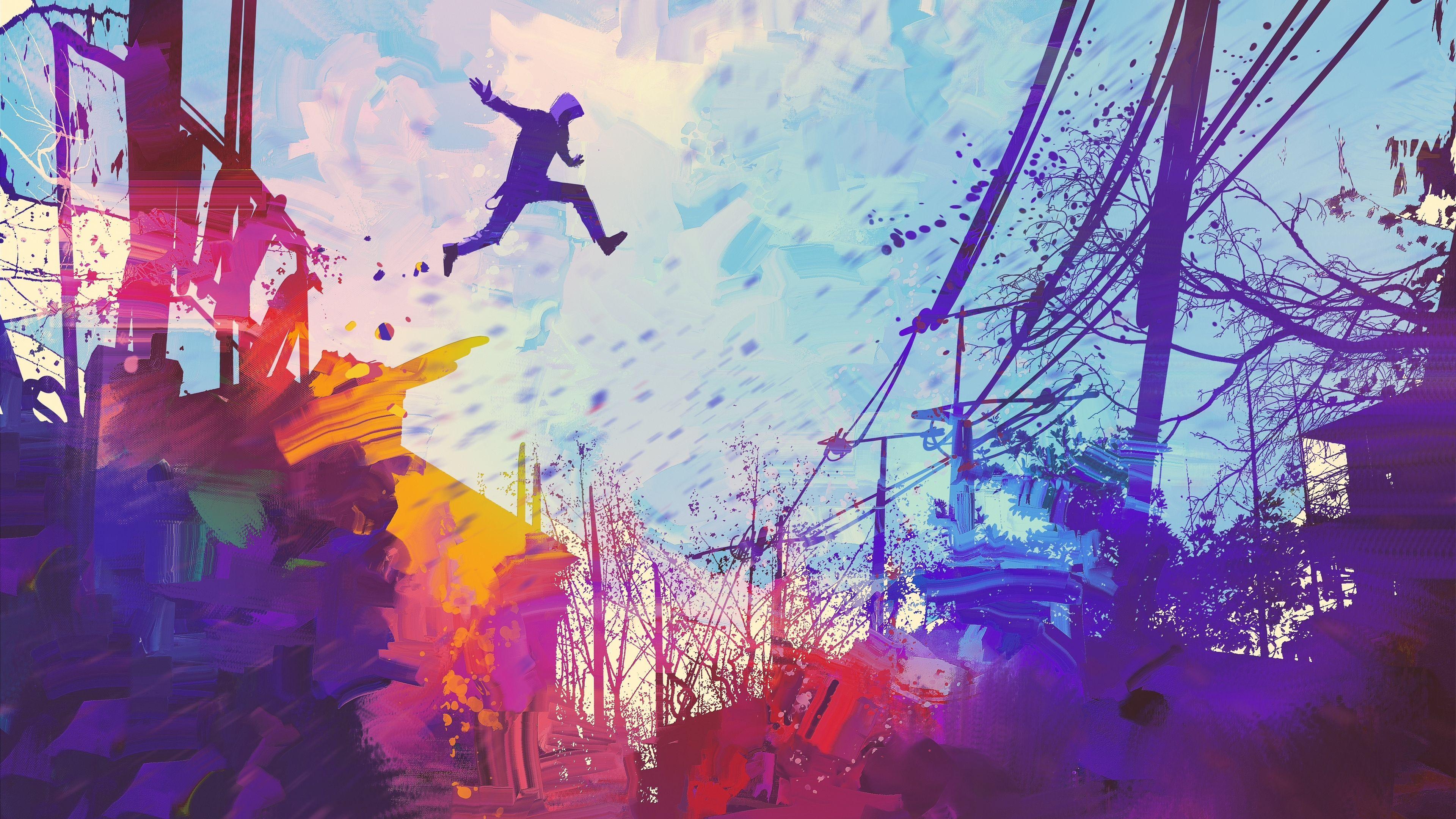 3840x2160 Wallpaper 4k Man Jumping Roof Abstract Illustration Painting 4k 4k Wallpaper, Abstract Wallpaper, Artist Wallpaper, Artwork Wallpaper, Digital Art Wallpaper, Hd Wallpaper, Illustration Wallpaper, Jump Wallpaper, Painting Wallpaper