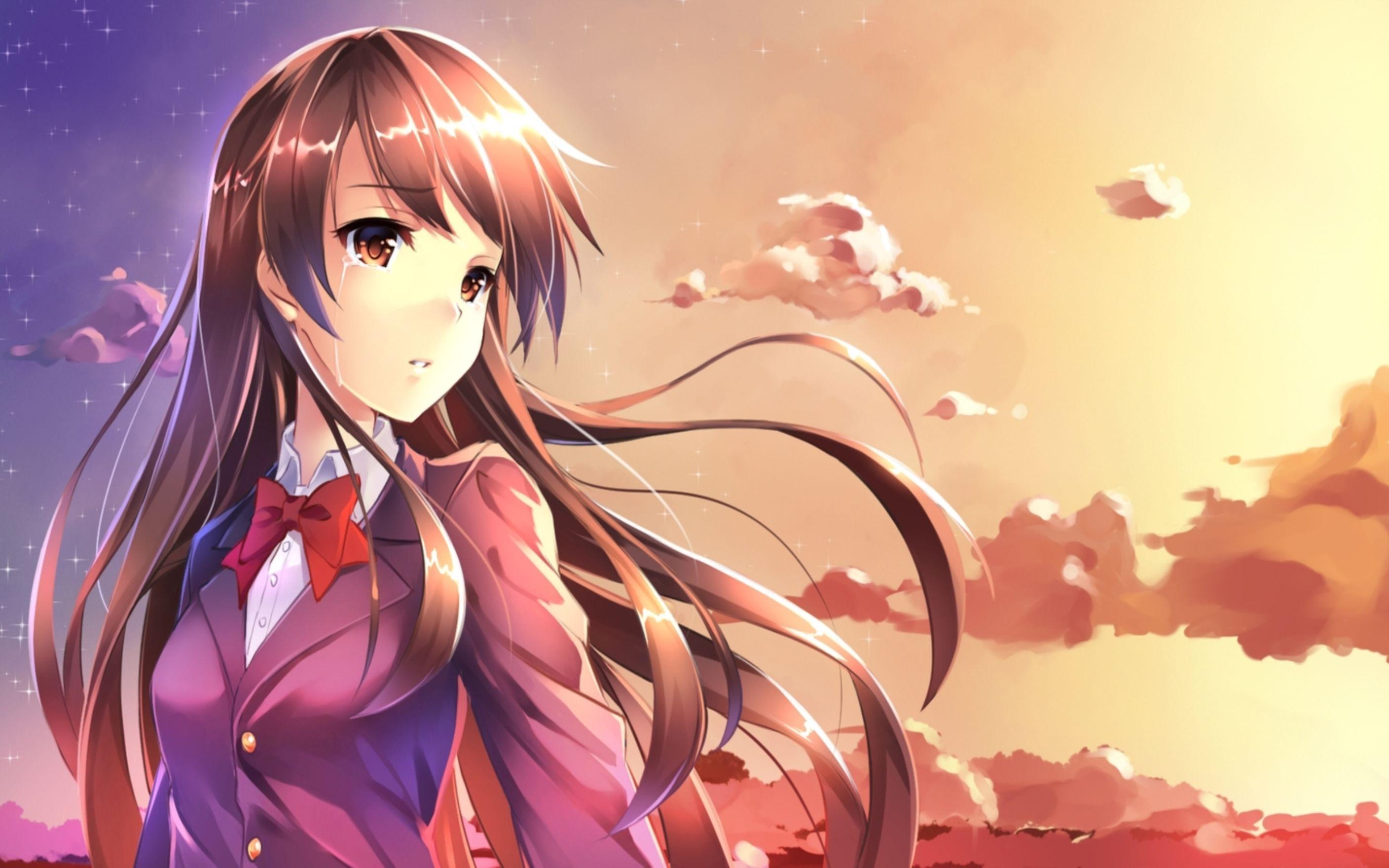 2816x1760 Sunset Tears Red Bow Crying Anime Girl Hình nền: Desktop HD