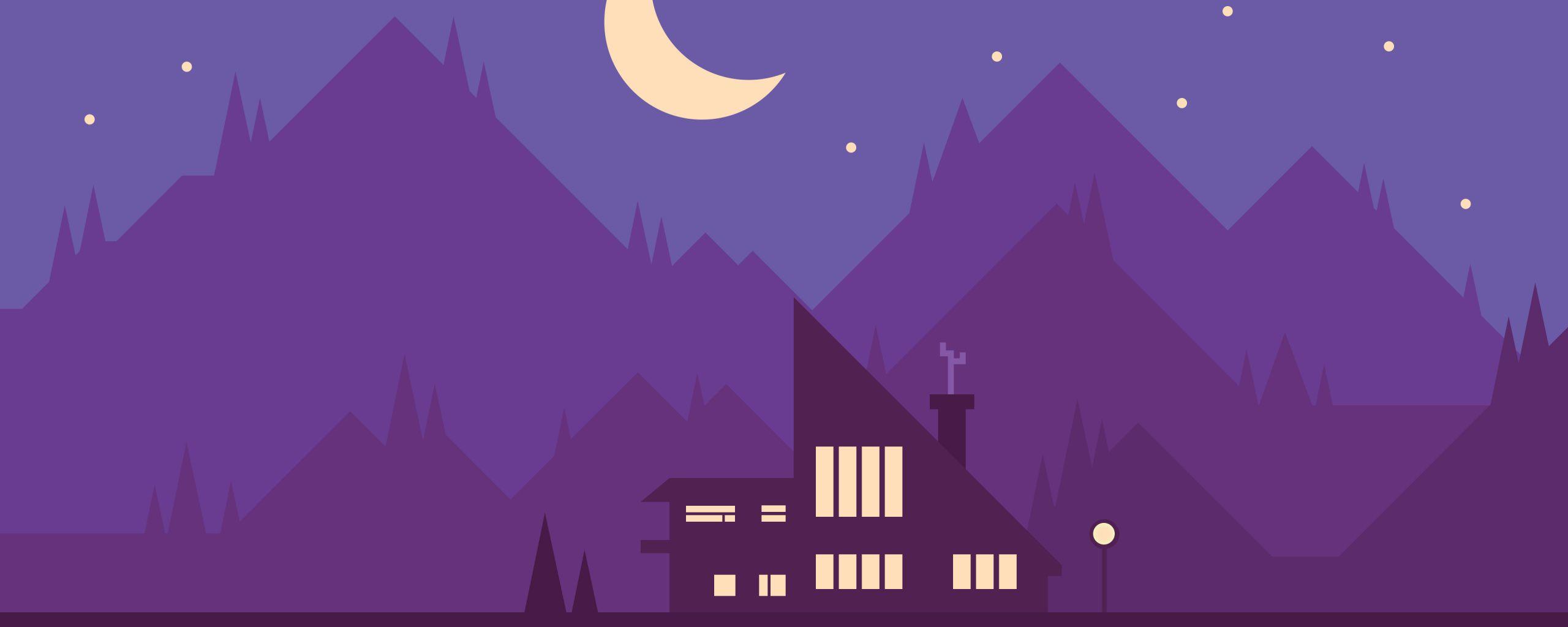 2560x1024 Download Mountains, house, trees, digital art, illustration