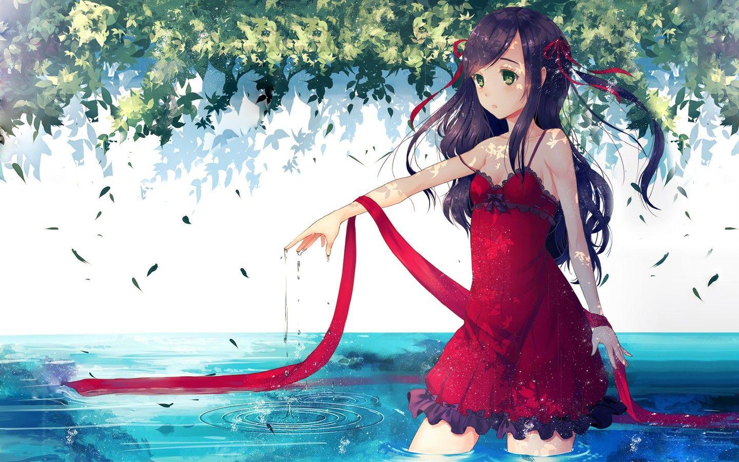 Váy đỏ 1440x900, Nước, Lá, Anime, Cô gái anime Hình nền HD / Máy tính để bàn