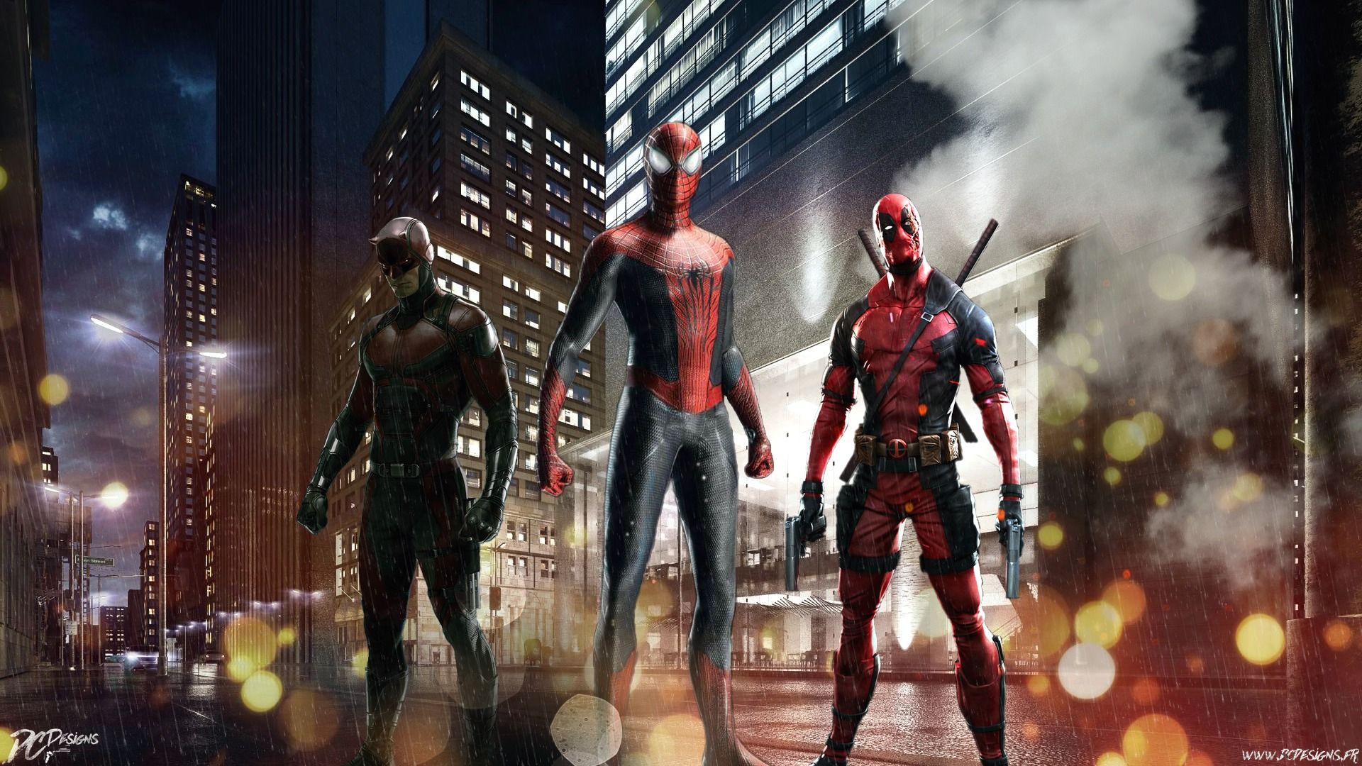 1920x1080 Wallpaper Deadpool, Daredevil, Spider Man, Red team for mobile and desktop, section фильмы, resolution 1920x1080