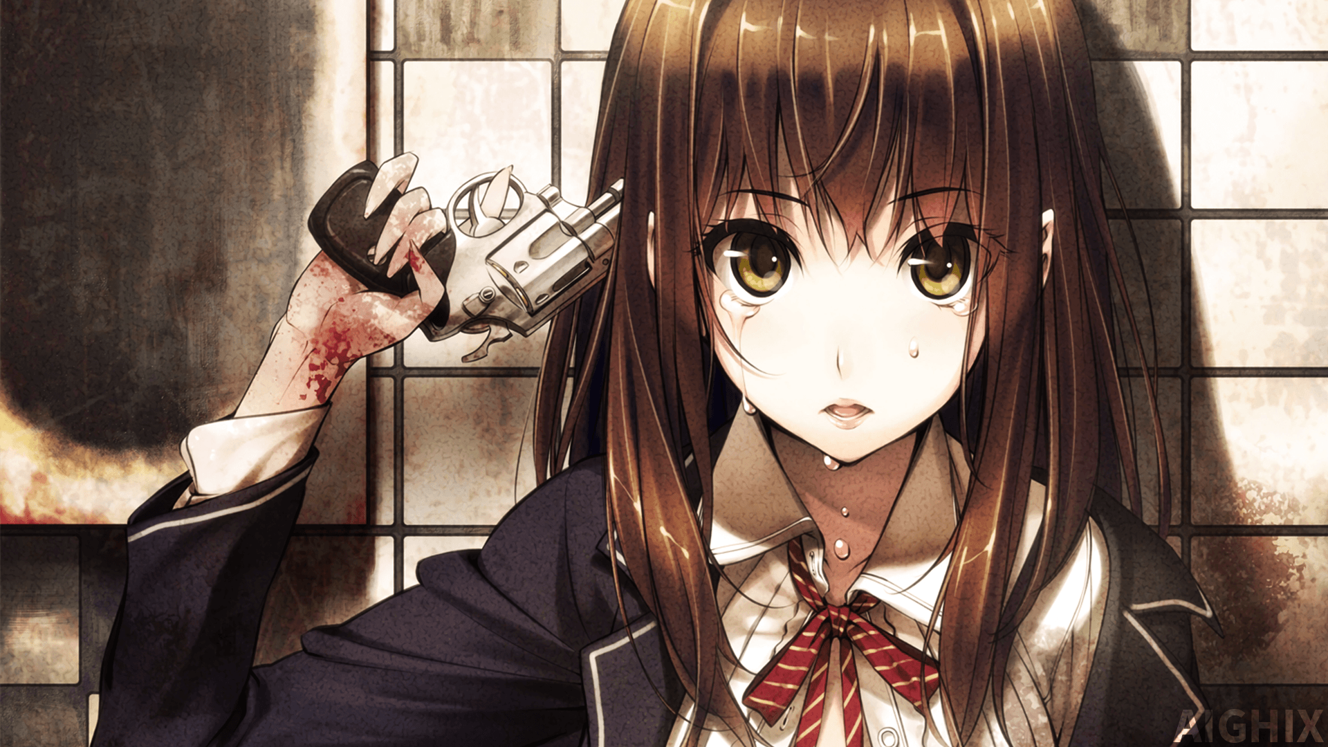 1920x1080 Sad Anime Girl With Gun hình nền