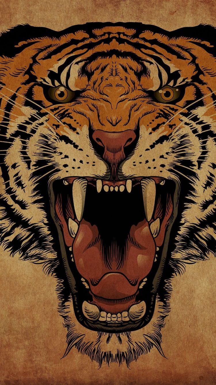 750x1334 Tiger Roar, Face, Art Drawing 750x1334 IPhone 8 7 6 6S Wallpaper