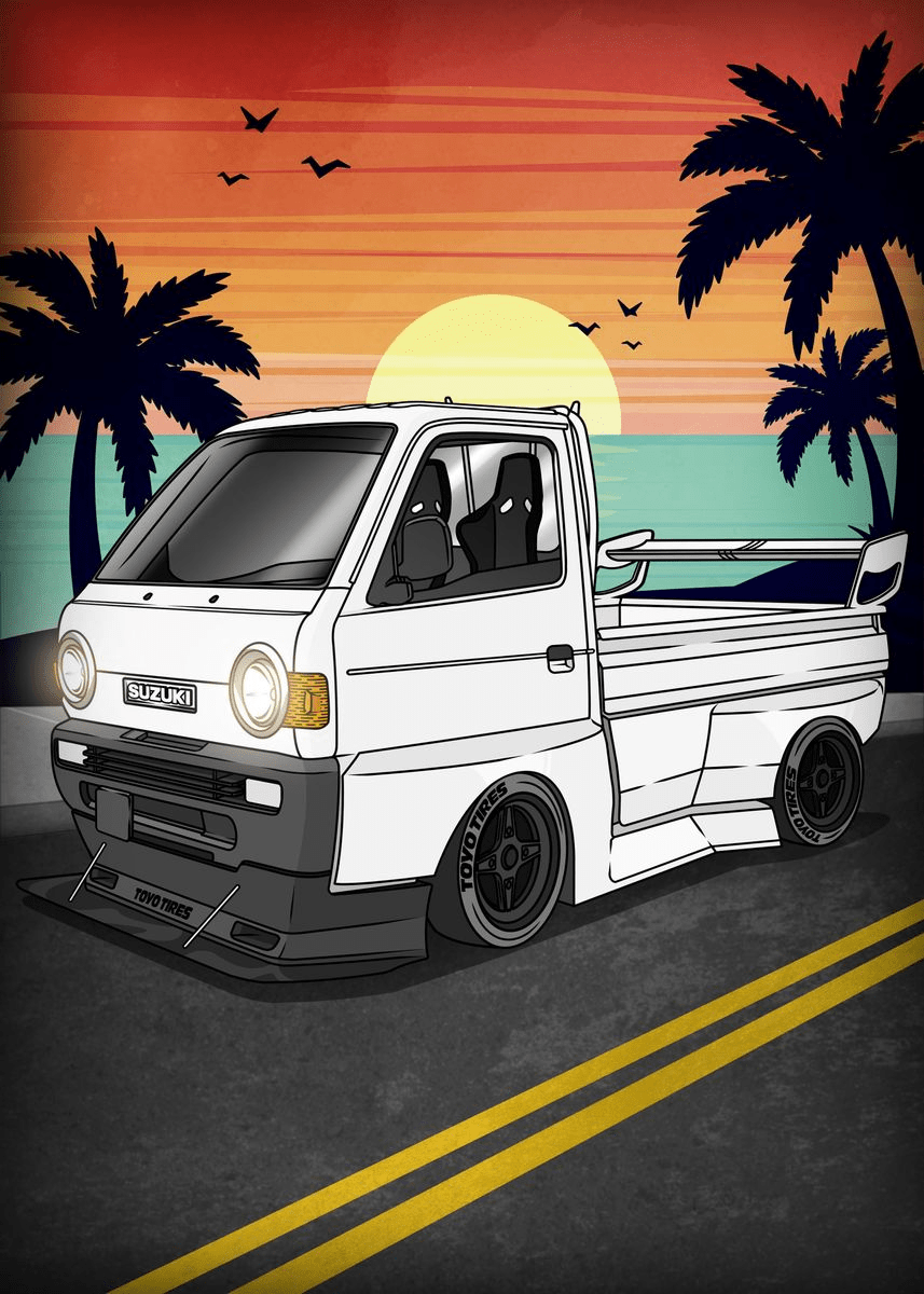 857x1200 Japanese Mini Truck with Sun Background