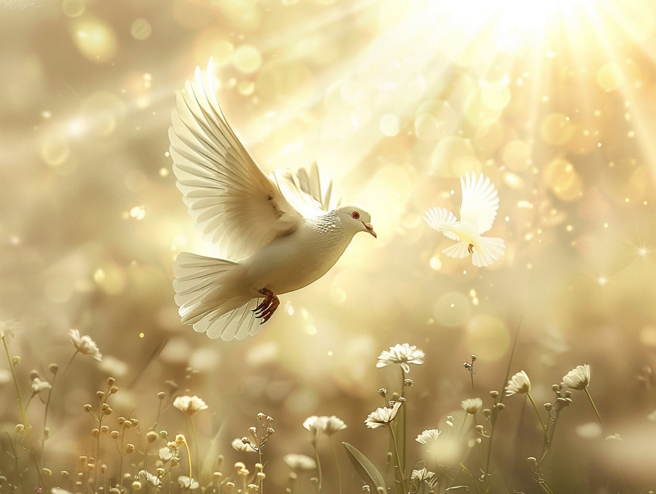 1344x1012 Free picture: White dove flying in the air above white flowers with bright sunrays as background, an illustration of freedom