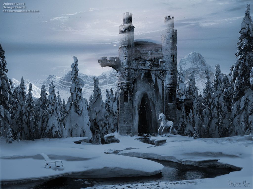 1024x768 Surreal fantasy art 3D wallpaper: Unicorn Gate, Forbidden Forest Land