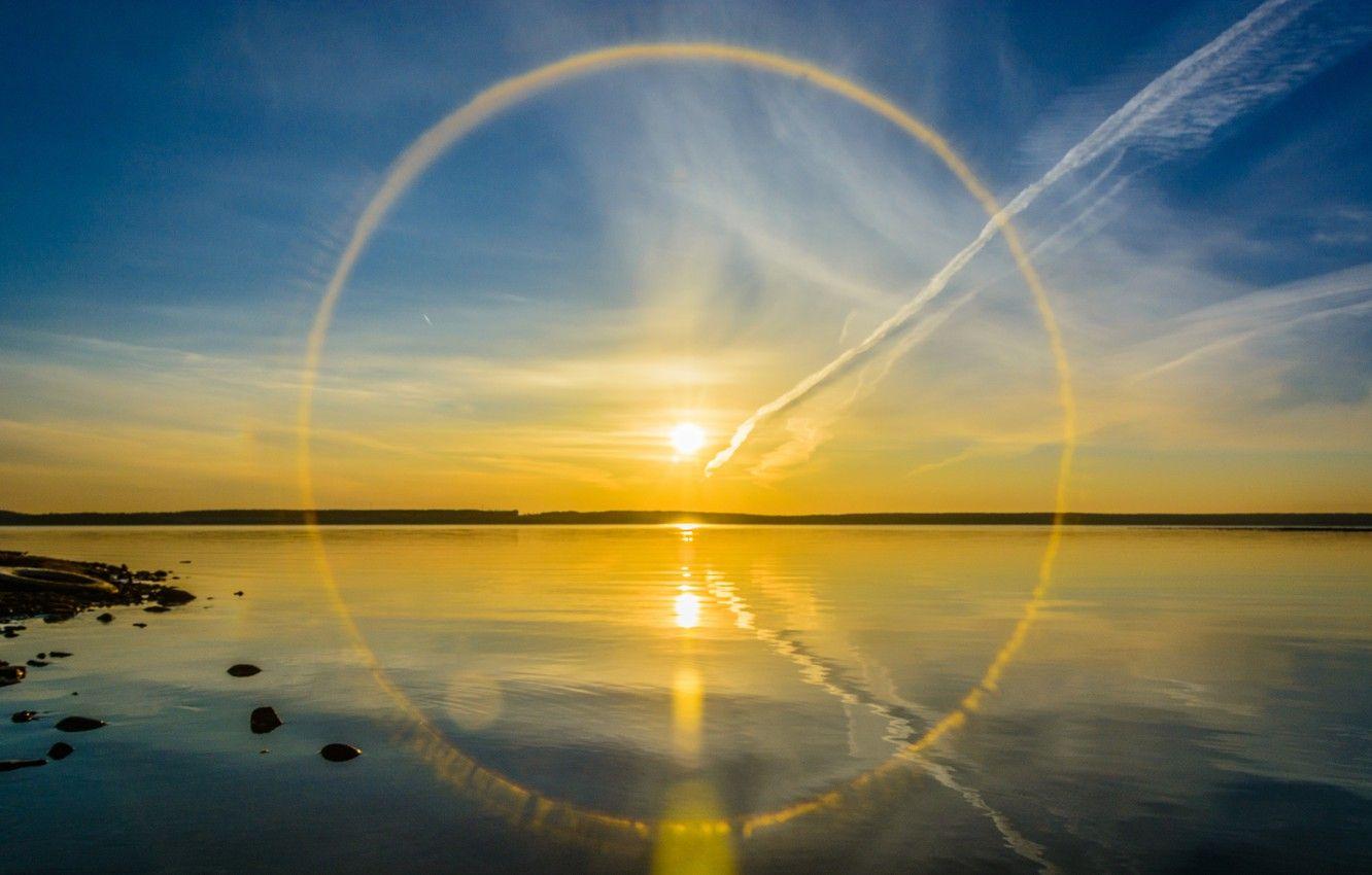 1332x850 Wallpaper the sun, lake, reflection, halo image for desktop