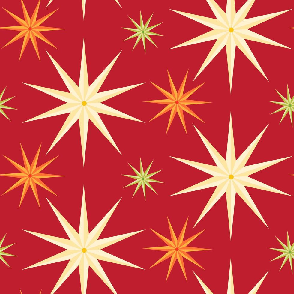 980x980 Seamless pattern of bright stars on isolated red background. Holiday design celebration of New Year, Christmas, Winter holidays. Starry background for greeting cards, scrapbooking, wallpaper