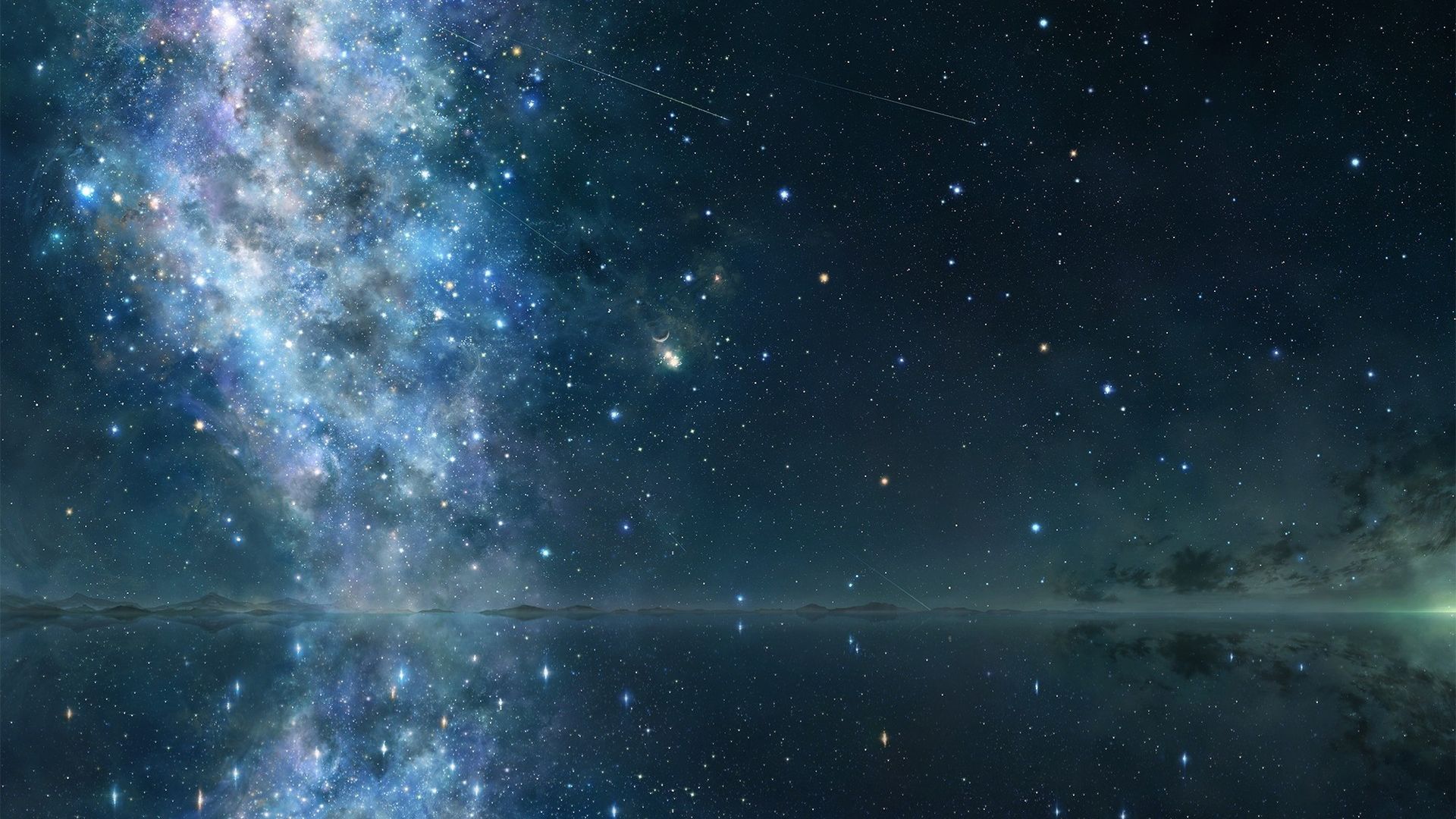 1920x1080 Bright Stars Up Above The Water Around Mountain HD Space Wallpaper