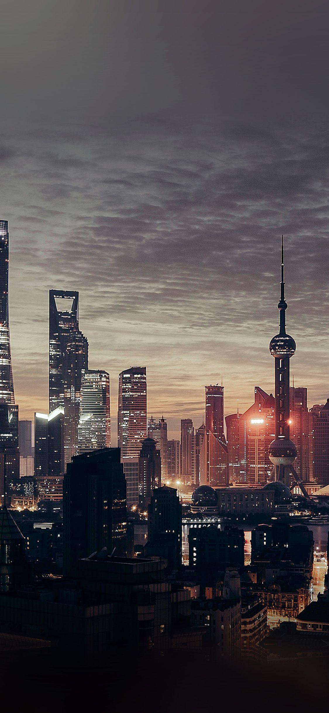 1125x2436 city shanghai night building skyline sunset