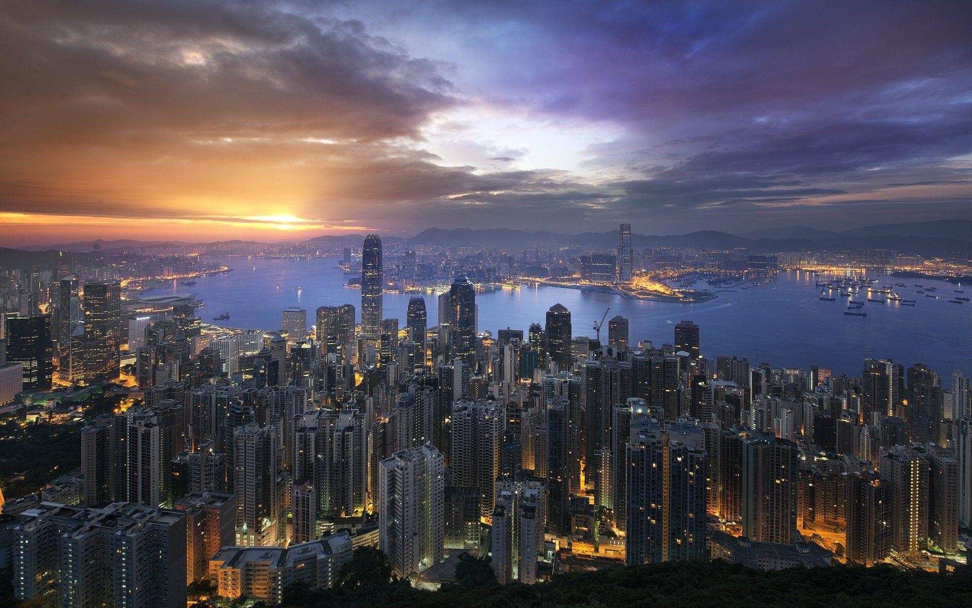 1920x1200 landscape, Cityscape, Skyscraper, Building, Sunrise, Lights, Bay
