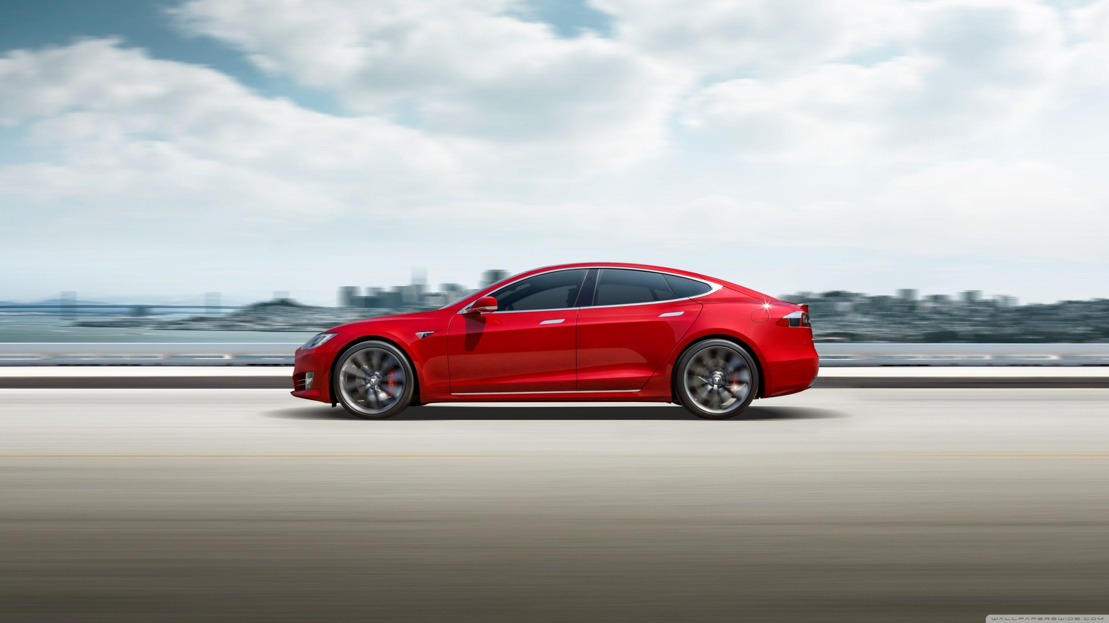 3554x1999 Red Tesla Model S Electric Car Speed Ultra HD Desktop Background