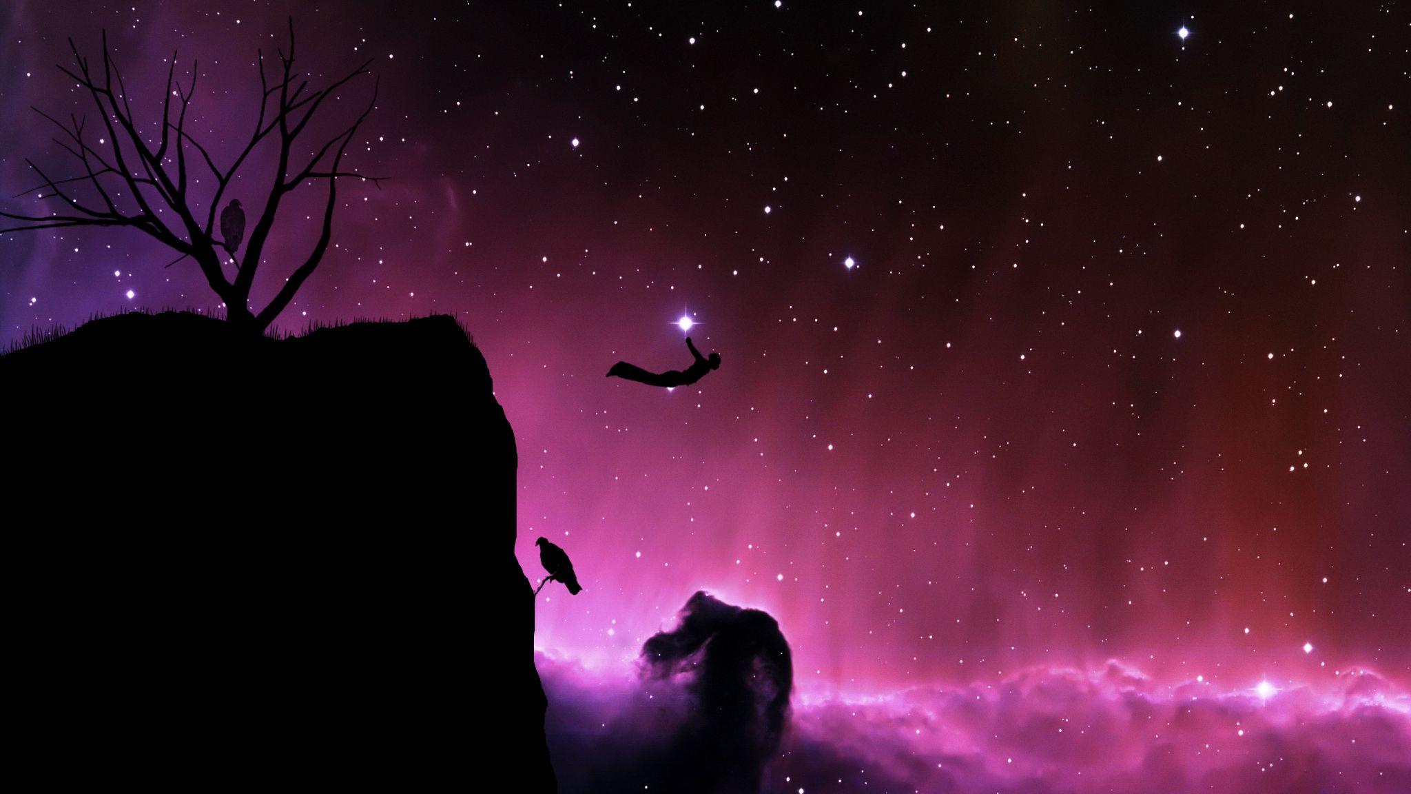 2048x1152 outer space, trees, silhouettes, jumping, Horsehead Nebula, cliff