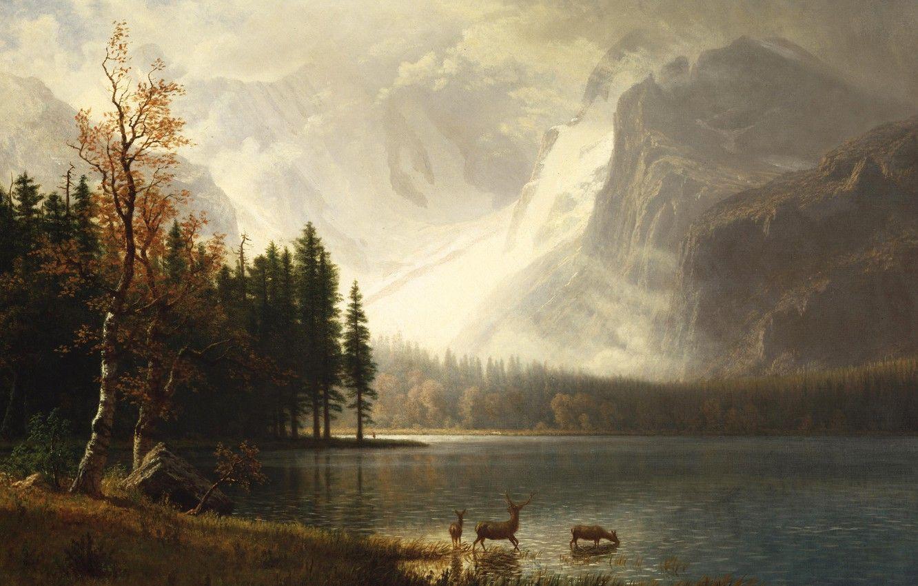 1332x850 Wallpaper animals, landscape, mountains, picture, Albert Bierstadt