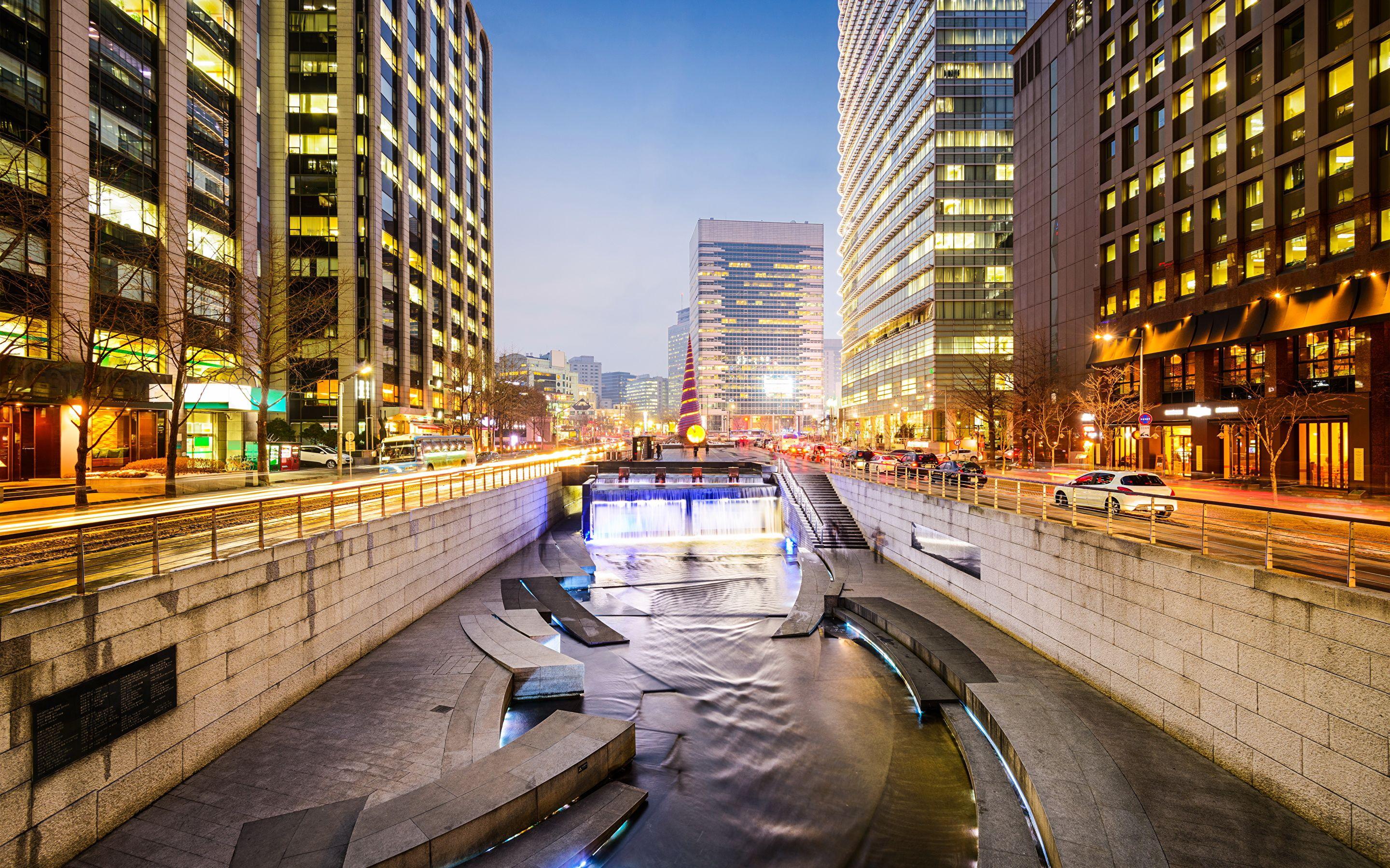 2880x1800 Image South Korea Seoul Canal night time Skyscrapers 2880x1800