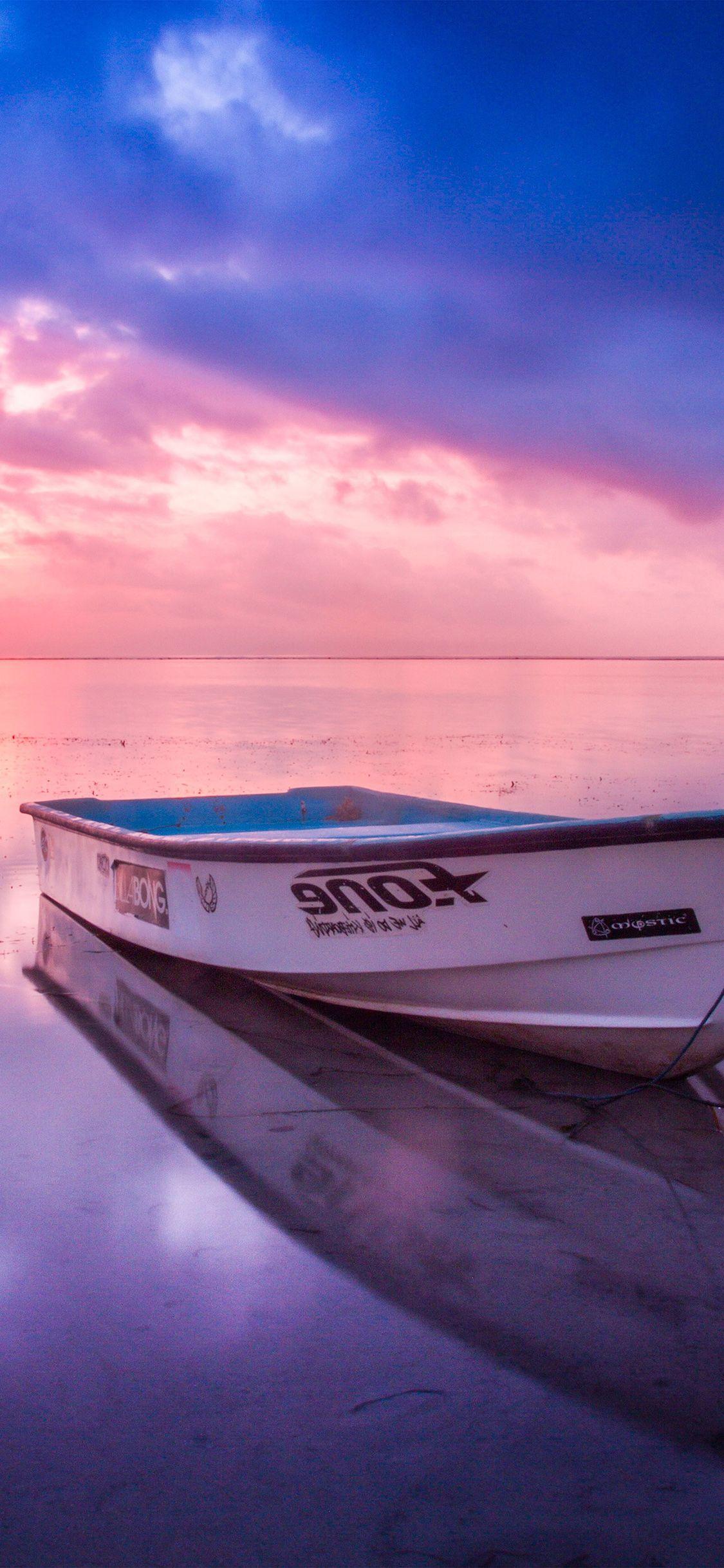 1125x2436 Sea Beach Boat Alone Sunset iPhone X Wallpaper HD