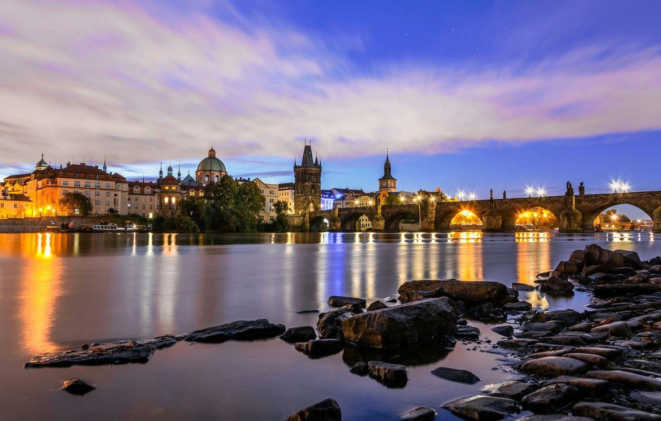 1332x850 Wallpaper lights, river, Prague, Czech Republic, Vltava, Charles