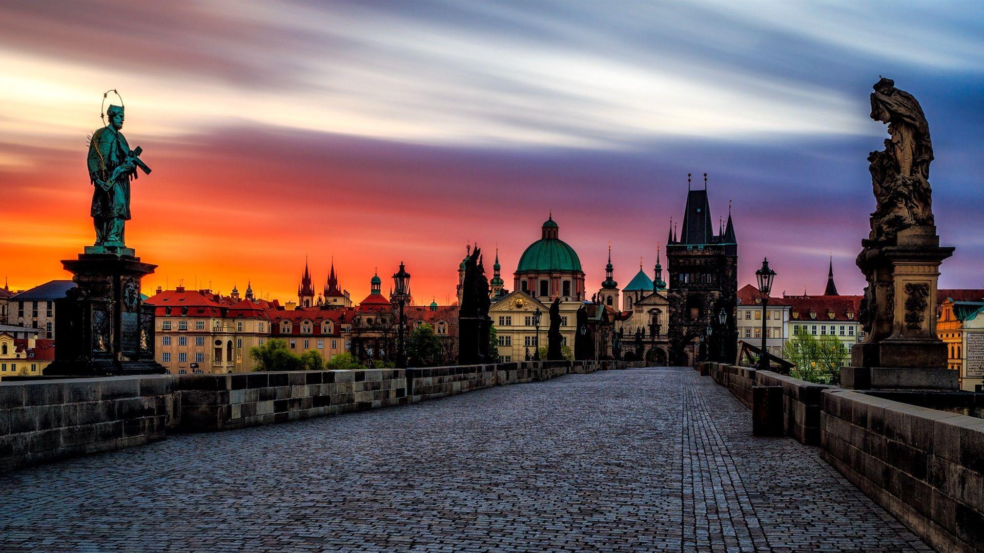 1920x1080 Wallpaper Czech Republic, Prague, Charles bridge, statue, houses, sunset 1920x1080 Full HD 2K Picture, Image