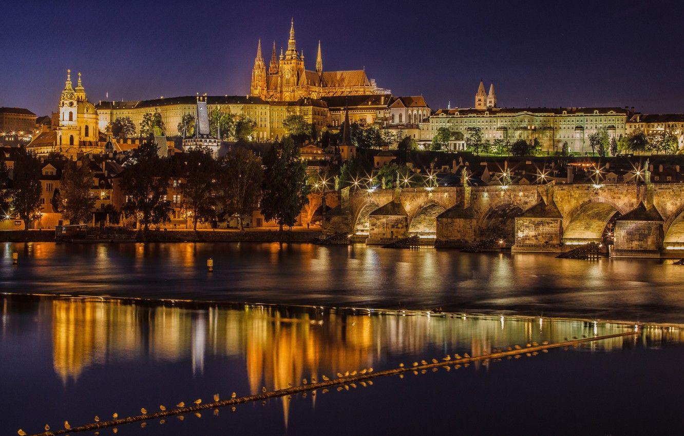 1332x850 Wallpaper Prague, Czech Republic, night city, Prague, Charles bridge, Czech Republic, Charles Bridge, the Vltava river, Vltava river image for desktop, section город