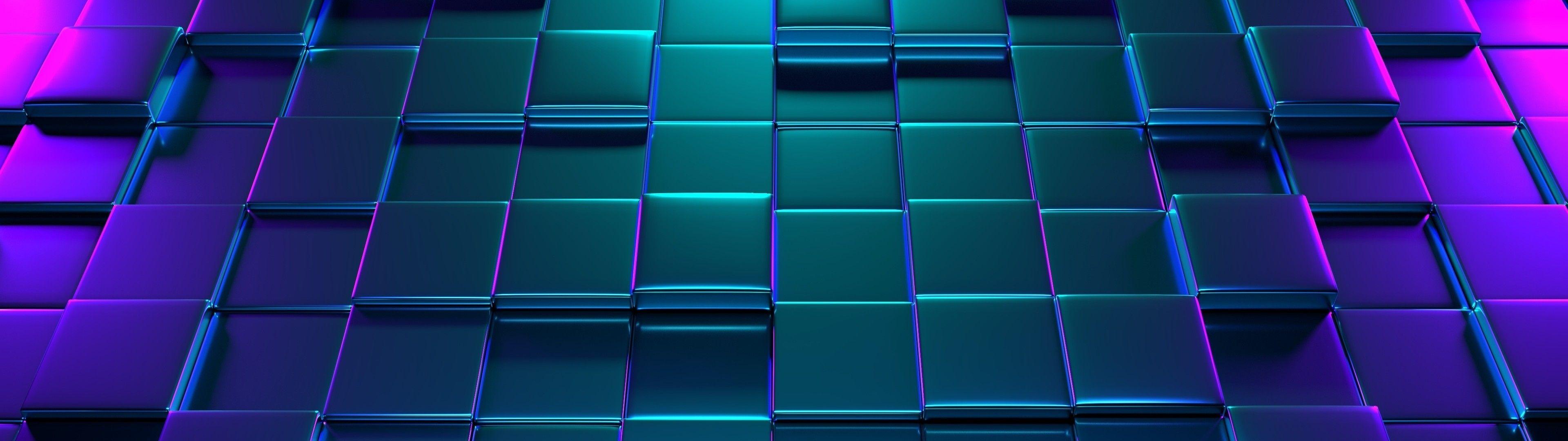 3840x1080 Download 3840x1080 Neon Cubes, Reflection Wallpaper