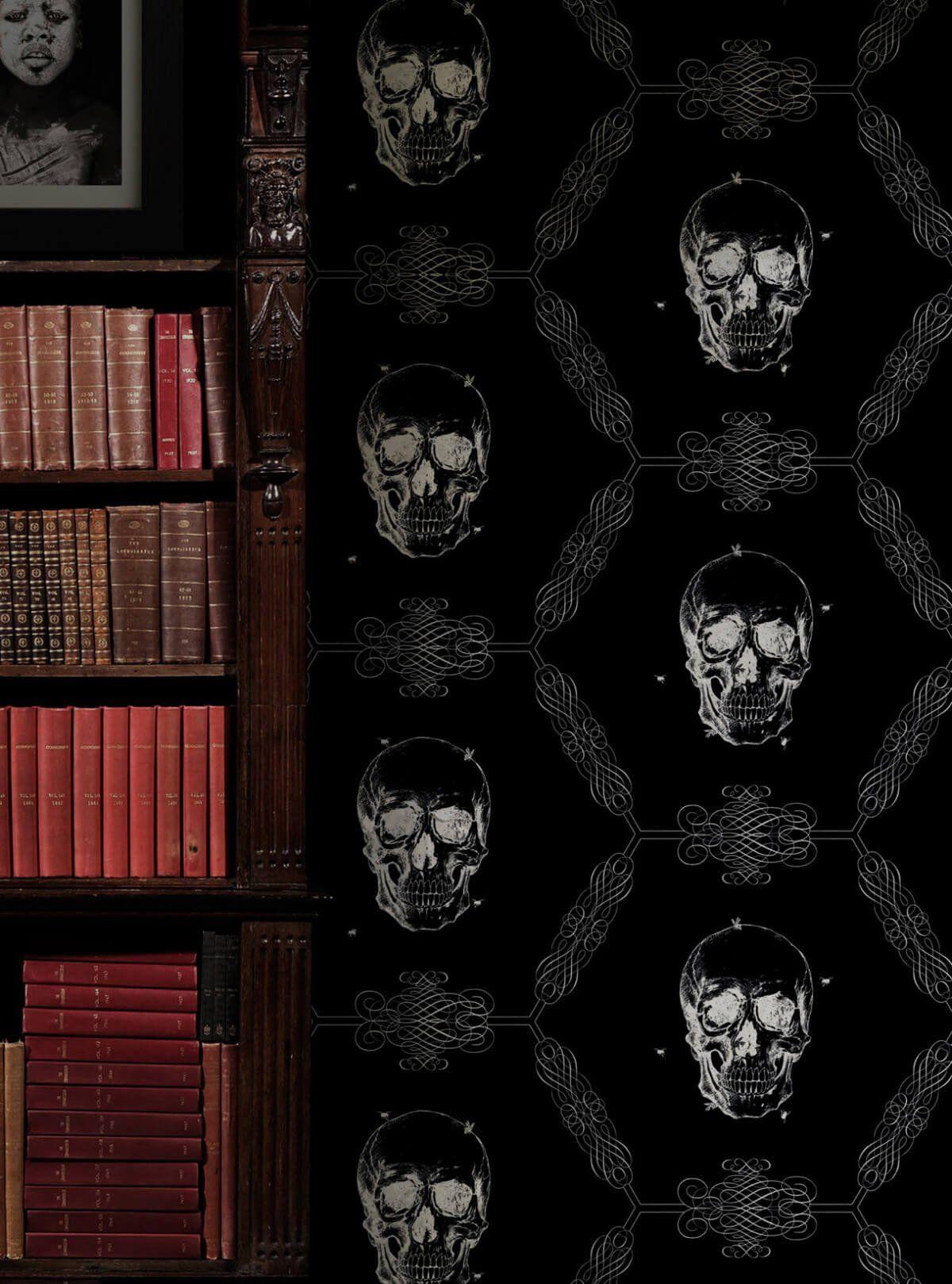 1200x1618 Skull & Bee Wallpaper in Night from the Kingdom Home Collection