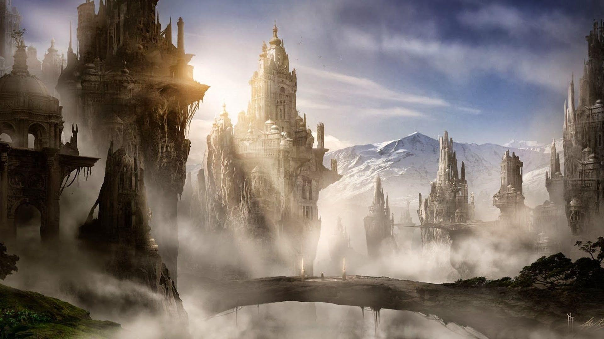 1920x1080 Foggy mountain, fantasy art, city, fantasy city HD wallpaper